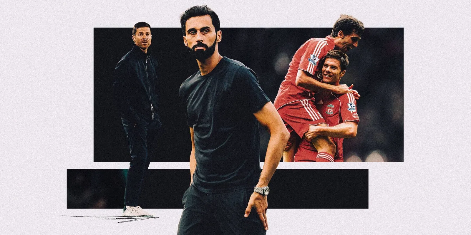 Artwork showing Xabi Alonso and Alvaro Arbeloa as managers as well as Liverpool team-mates during their playing days